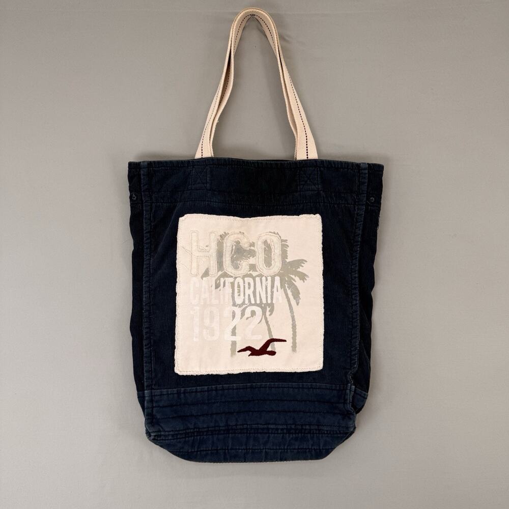 Hollister Dark Blue Corduroy 100% Cotton Y2K Shoulder Bag Seagull Logo Daily Bag - Picture 2 of 8